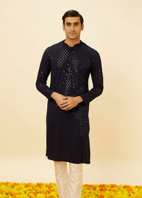 alt message - Manyavar Men Midnight Blue Sequined Kurta Set image number 0