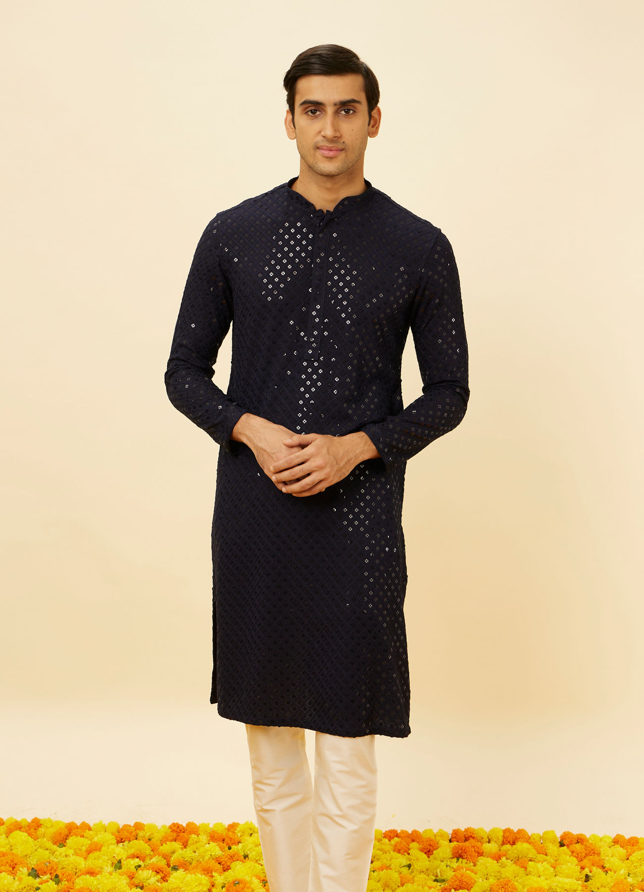 Manyavar Men Midnight Blue Sequined Kurta Set