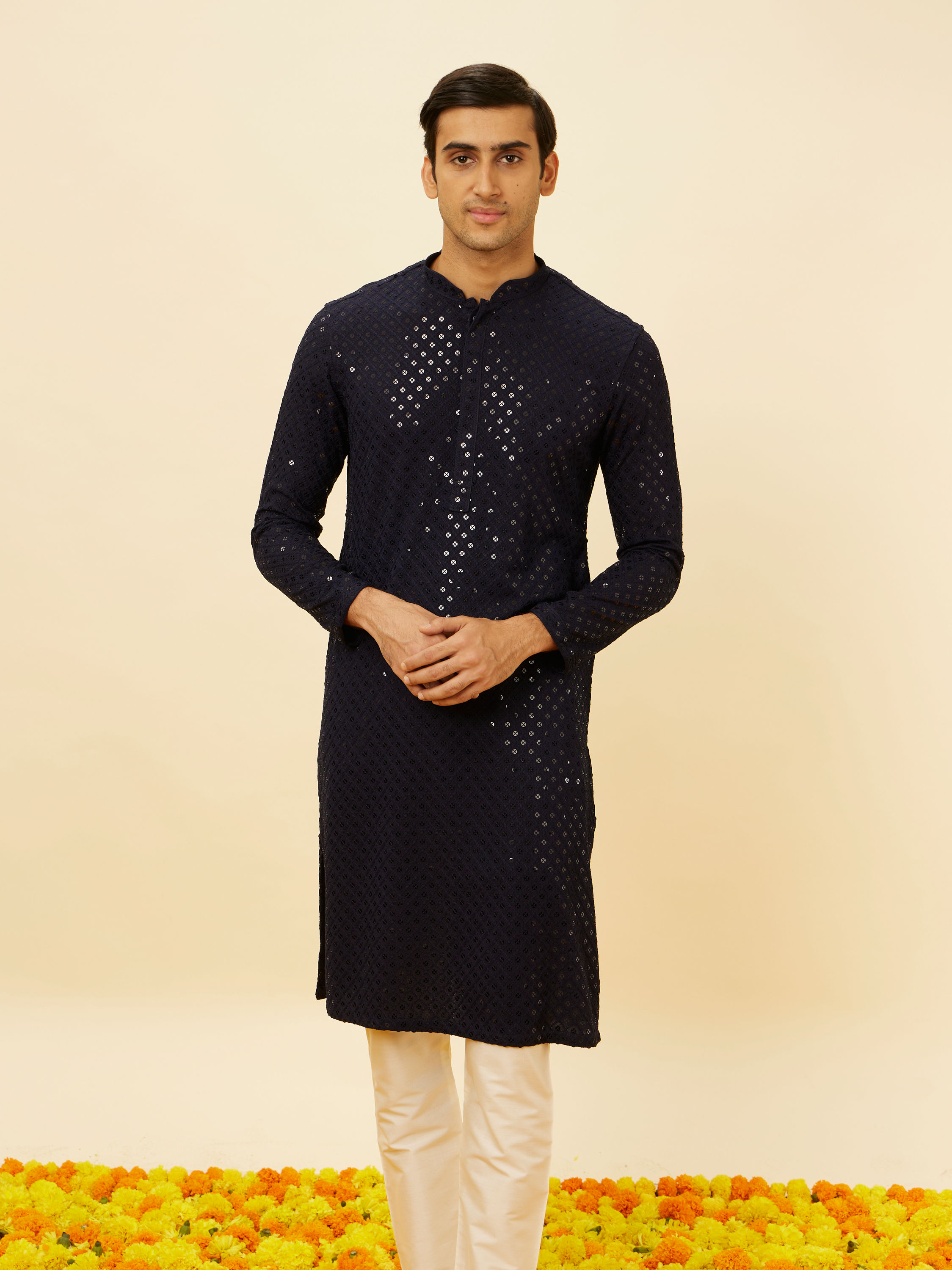 Manyavar Men Midnight Blue Sequined Kurta Set