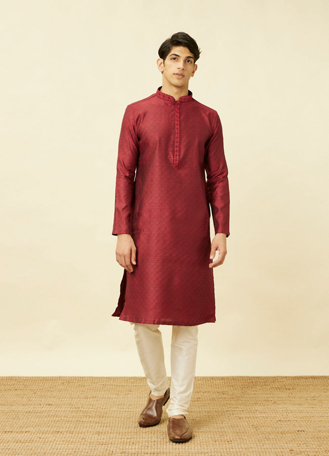 Manyavar Men Maroon Floral Jaal Patterned Kurta Set