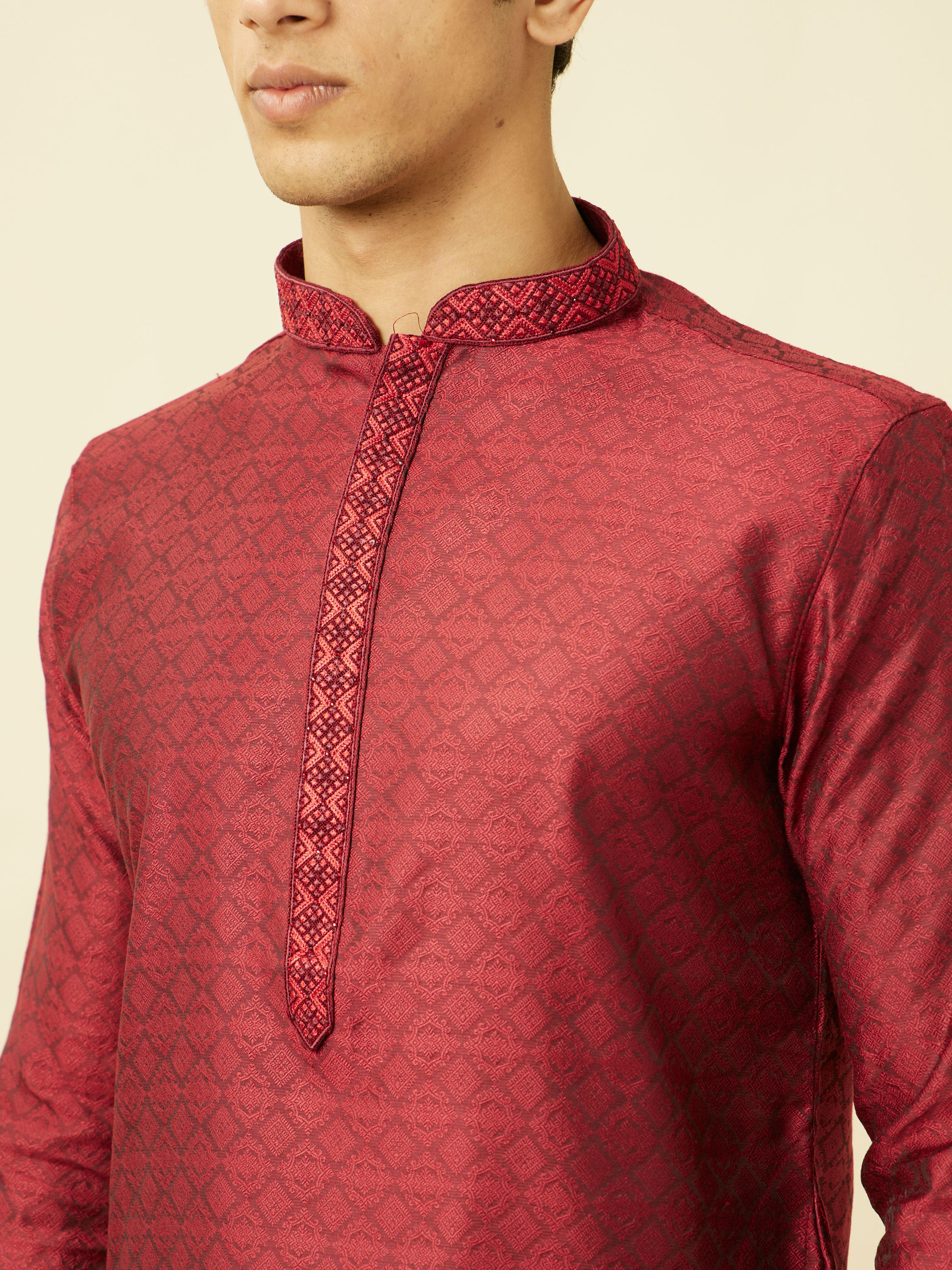 Manyavar Men Maroon Floral Jaal Patterned Kurta Set