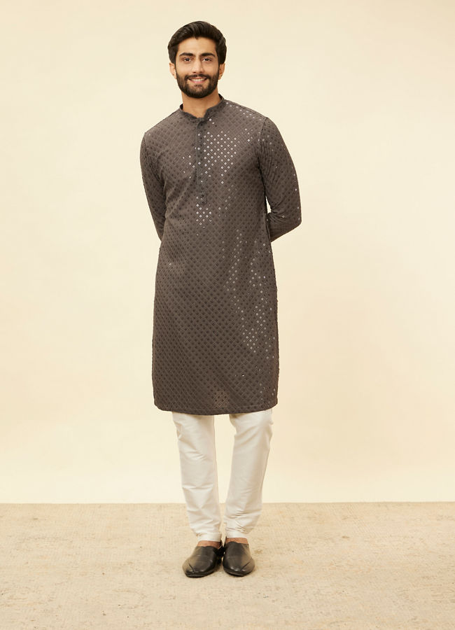 alt message - Manyavar Men Ash Grey Chikankari Embroidered Sequinned Kurta Set image number 2