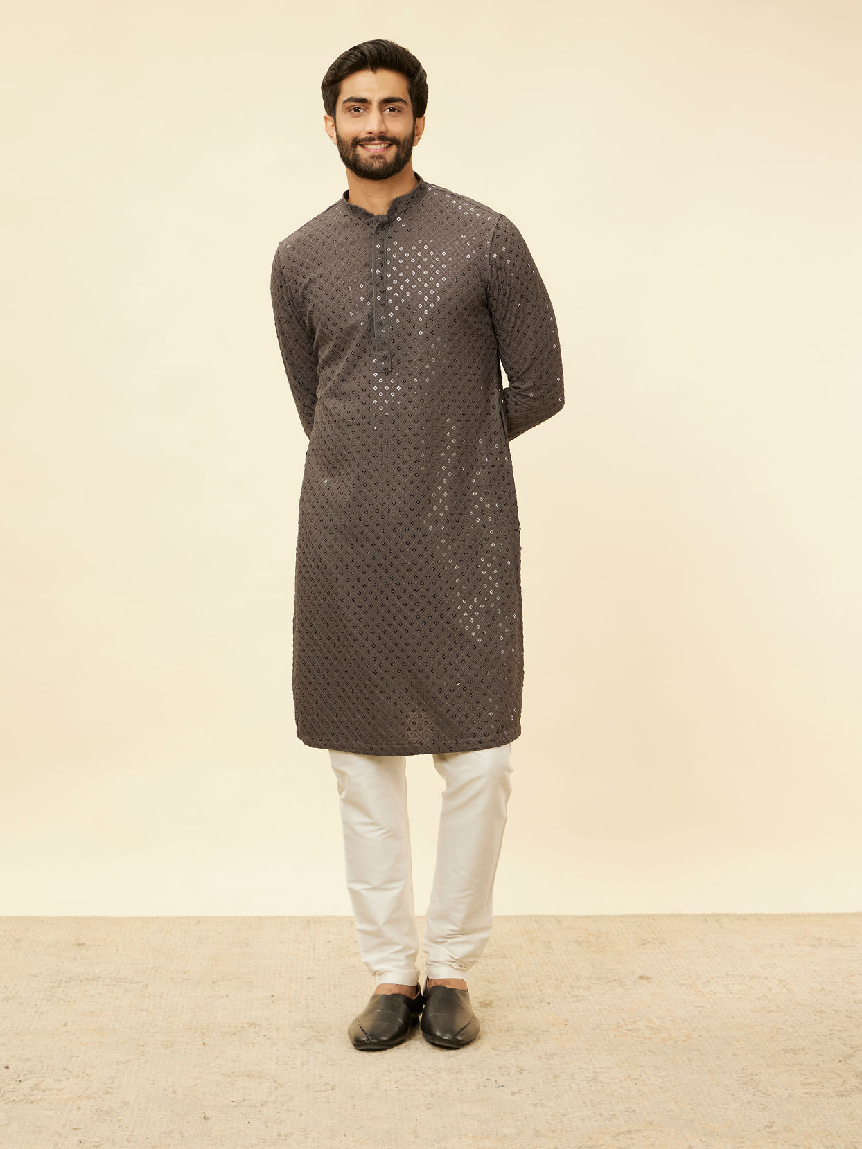 Manyavar Men Ash Grey Chikankari Embroidered Sequinned Kurta Set