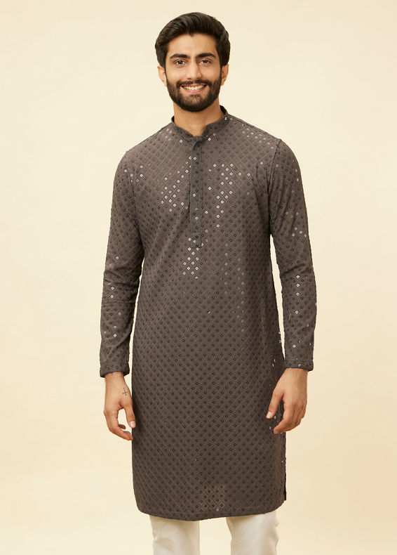 Manyavar Men Ash Grey Chikankari Embroidered Sequinned Kurta Set