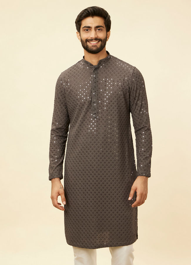 alt message - Manyavar Men Ash Grey Chikankari Embroidered Sequinned Kurta Set image number 0