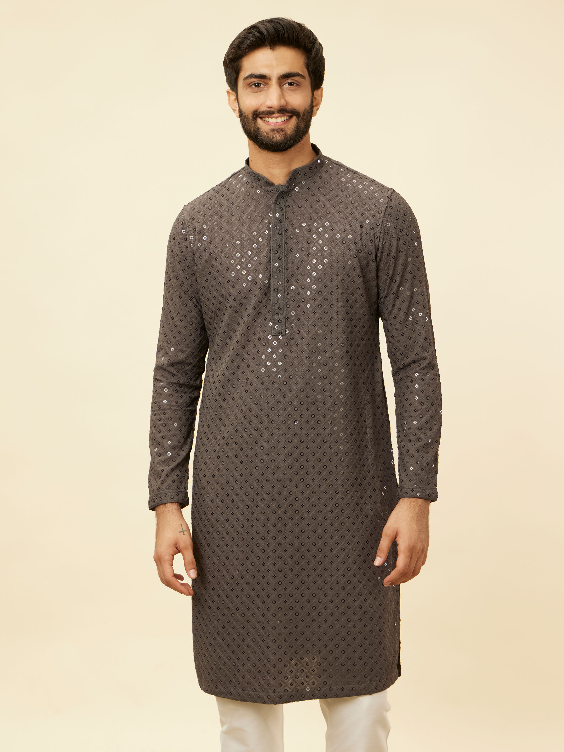 Manyavar Men Ash Grey Chikankari Embroidered Sequinned Kurta Set