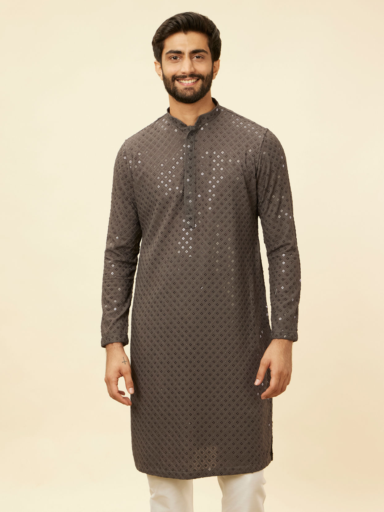 alt message - Manyavar Men Ash Grey Chikankari Embroidered Sequinned Kurta Set image number 0