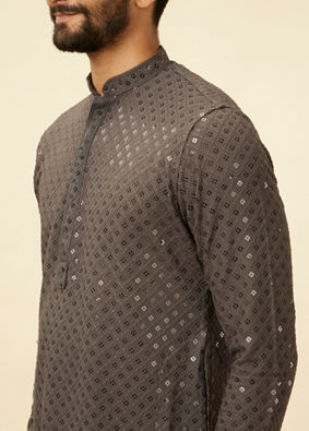 alt message - Manyavar Men Ash Grey Chikankari Embroidered Sequinned Kurta Set image number 1