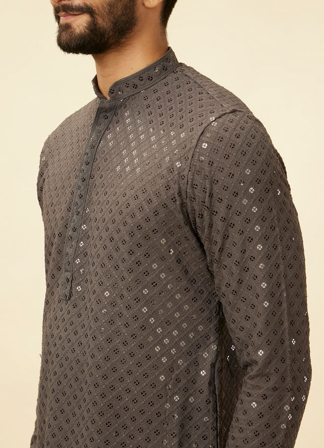 alt message - Manyavar Men Ash Grey Chikankari Embroidered Sequinned Kurta Set image number 1