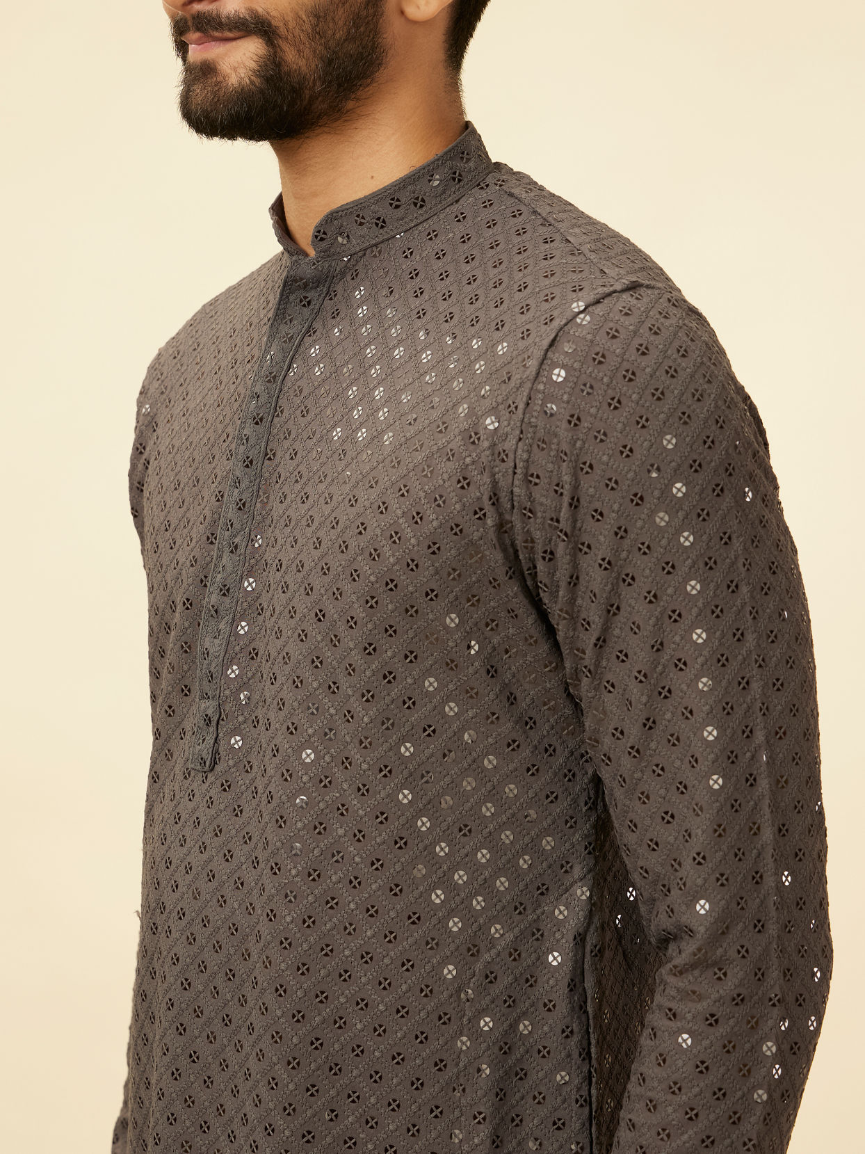 alt message - Manyavar Men Ash Grey Chikankari Embroidered Sequinned Kurta Set image number 1