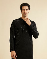 Manyavar Men Midnight Black Chikankari Embroidered Sequinned Kurta Set