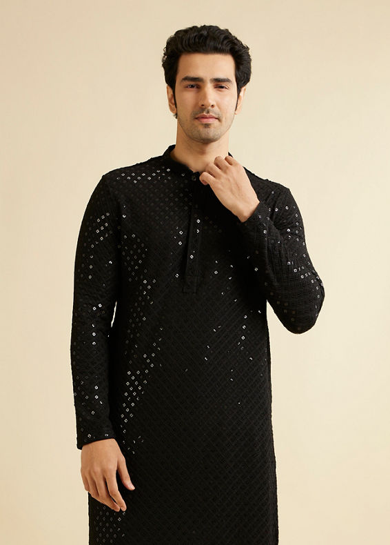 Manyavar Men Midnight Black Chikankari Embroidered Sequinned Kurta Set