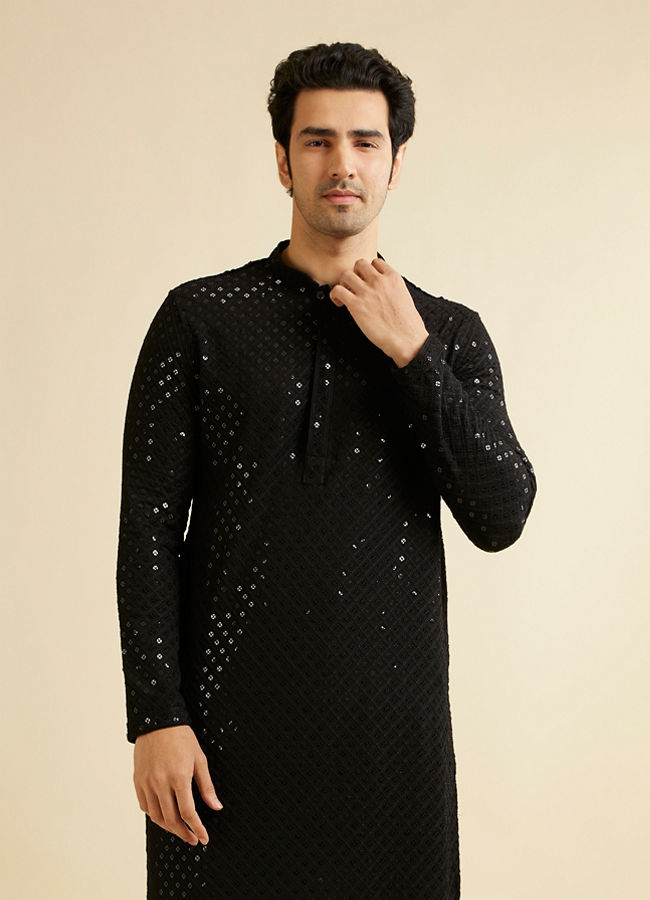 alt message - Manyavar Men Midnight Black Chikankari Embroidered Sequinned Kurta Set image number 0