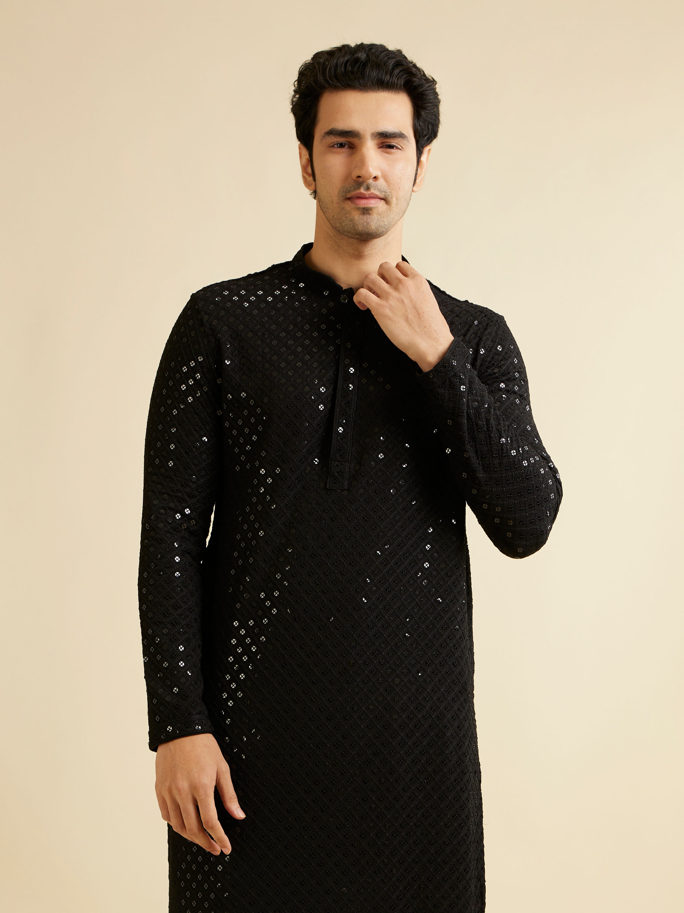 Manyavar Men Midnight Black Chikankari Embroidered Sequinned Kurta Set