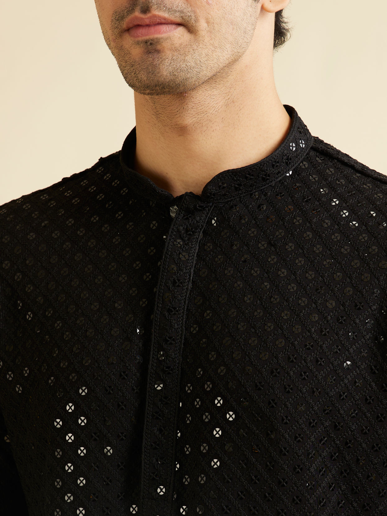 alt message - Manyavar Men Midnight Black Chikankari Embroidered Sequinned Kurta Set image number 1