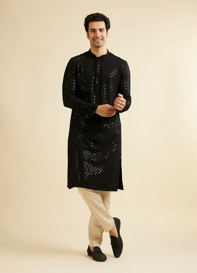 Manyavar Men Midnight Black Chikankari Embroidered Sequinned Kurta Set