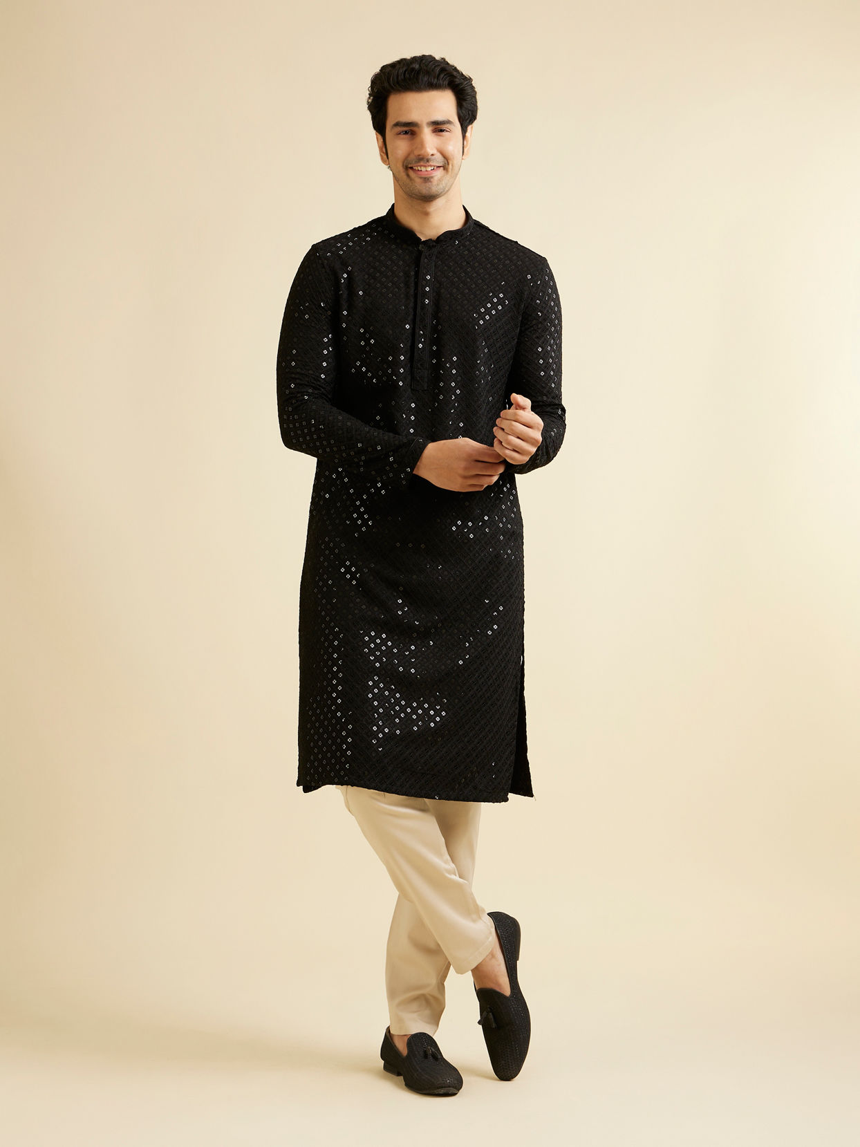 Manyavar Men Midnight Black Chikankari Embroidered Sequinned Kurta Set