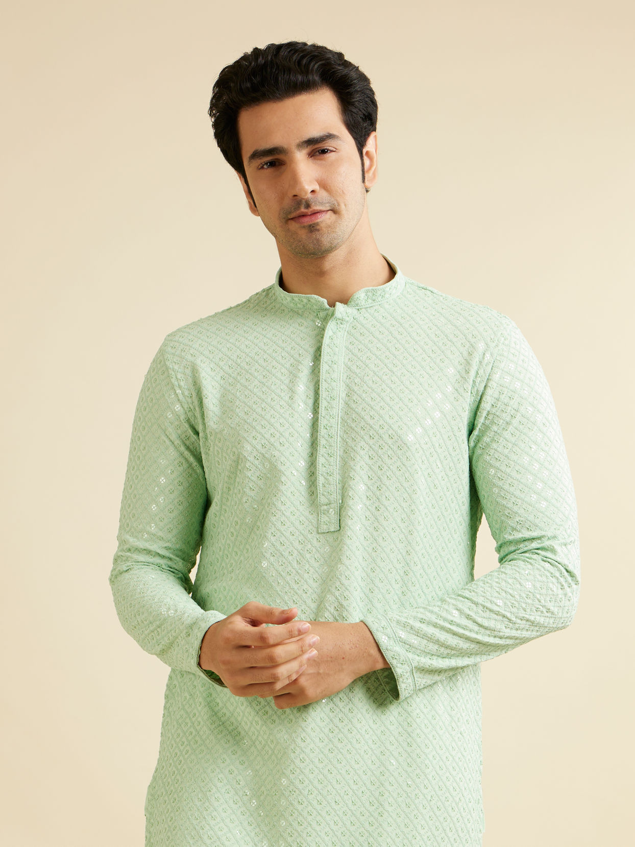 alt message - Manyavar Men Light Mid Green Chikankari Embroidered Sequinned Kurta Set image number 0