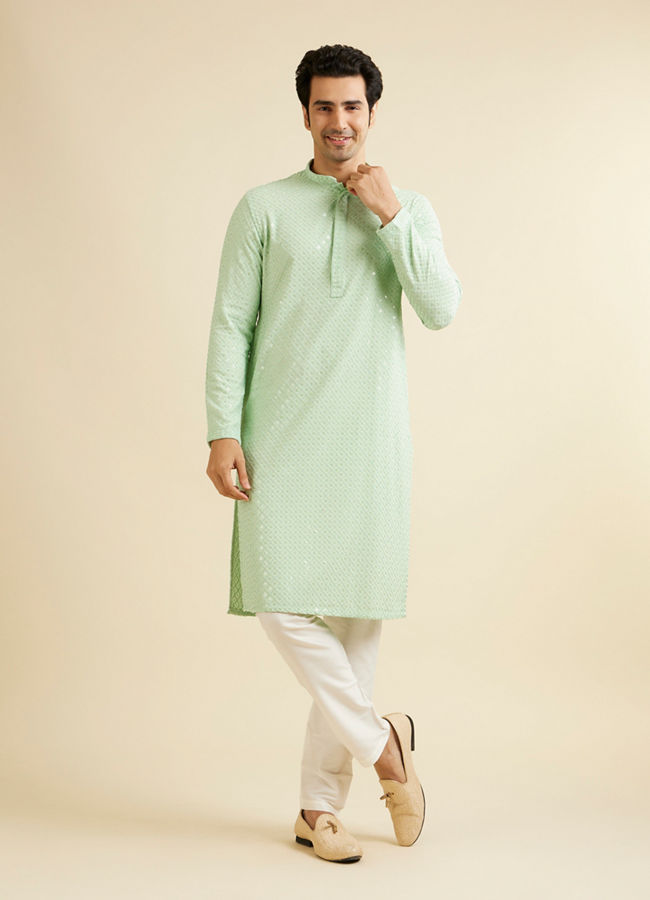 alt message - Manyavar Men Light Mid Green Chikankari Embroidered Sequinned Kurta Set image number 2