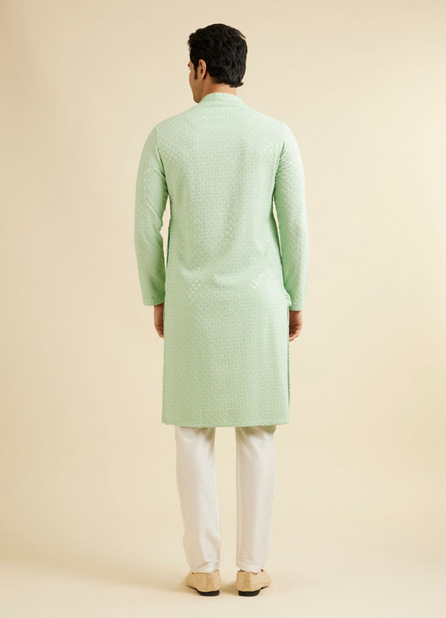 alt message - Manyavar Men Light Mid Green Chikankari Embroidered Sequinned Kurta Set image number 4