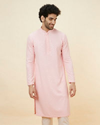 Manyavar Men Flamingo Pink Chikankari Embroidered Kurta Set