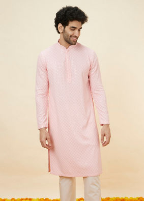Manyavar Men Flamingo Pink Chikankari Embroidered Kurta Set