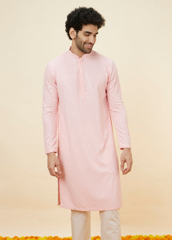 Manyavar Men Flamingo Pink Chikankari Embroidered Kurta Set