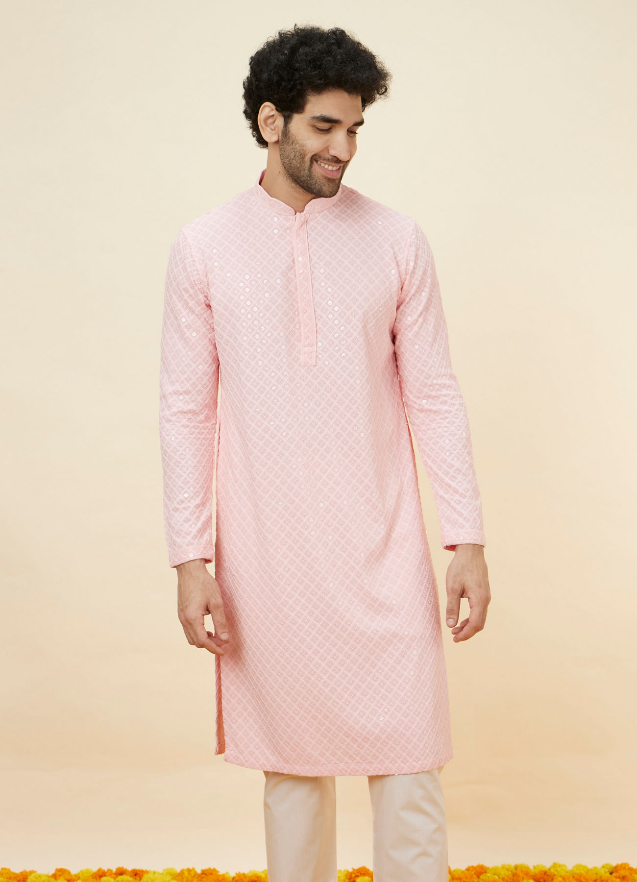 Manyavar Men Flamingo Pink Chikankari Embroidered Kurta Set