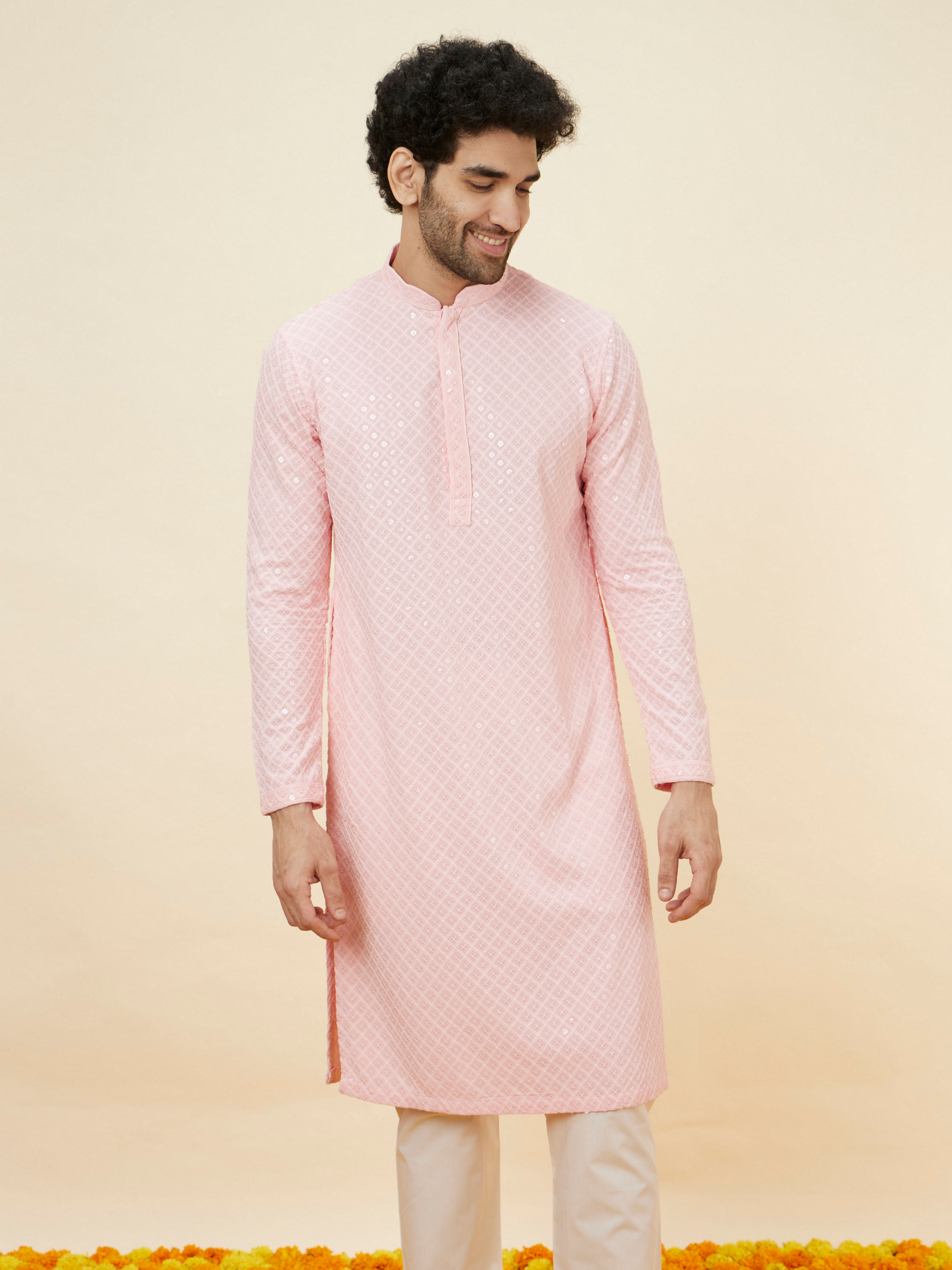 Manyavar Men Flamingo Pink Chikankari Embroidered Kurta Set