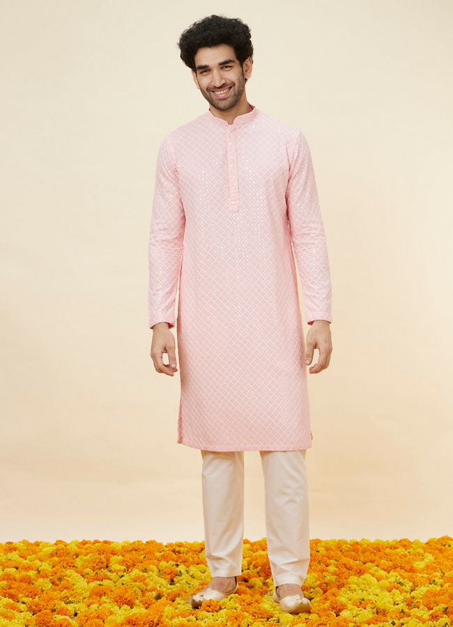 Manyavar Men Flamingo Pink Chikankari Embroidered Kurta Set