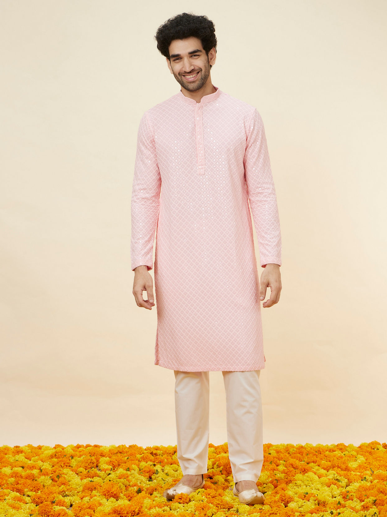 Manyavar Men Flamingo Pink Chikankari Embroidered Kurta Set