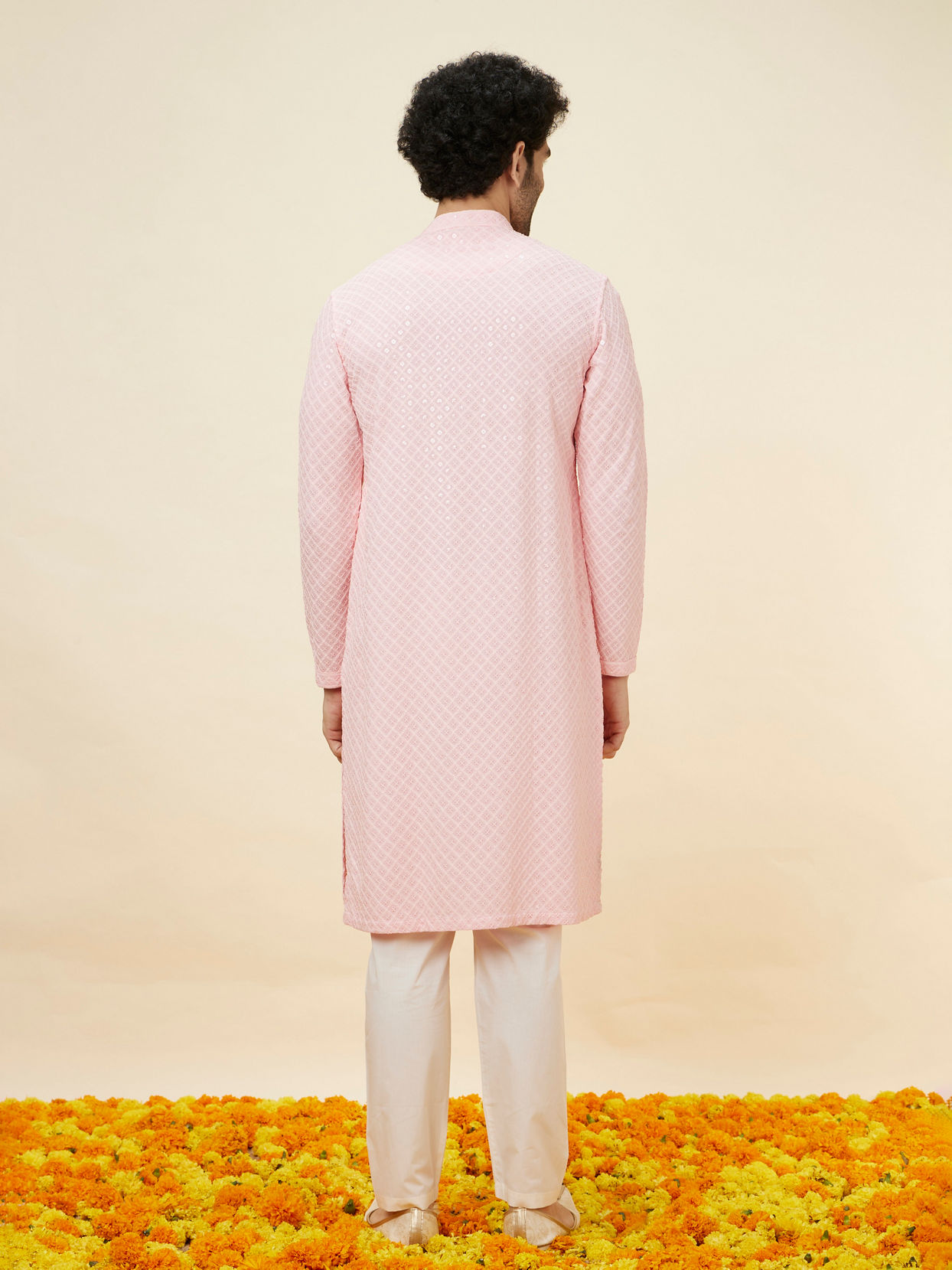 Manyavar Men Flamingo Pink Chikankari Embroidered Kurta Set