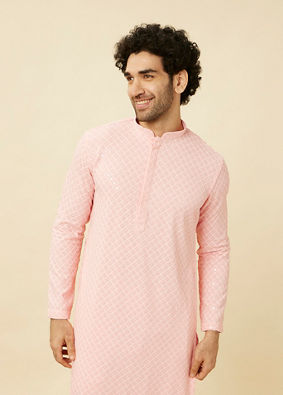 Manyavar Men Flamingo Pink Chikankari Embroidered Kurta Set