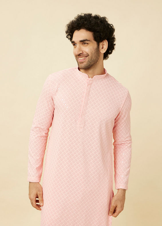 Manyavar Men Flamingo Pink Chikankari Embroidered Kurta Set