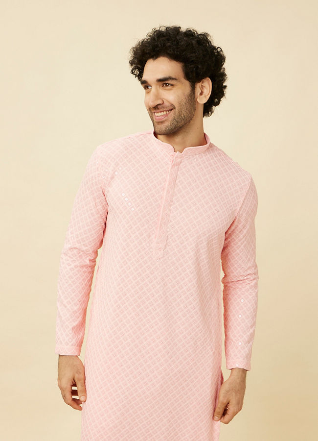 Manyavar Men Flamingo Pink Chikankari Embroidered Kurta Set