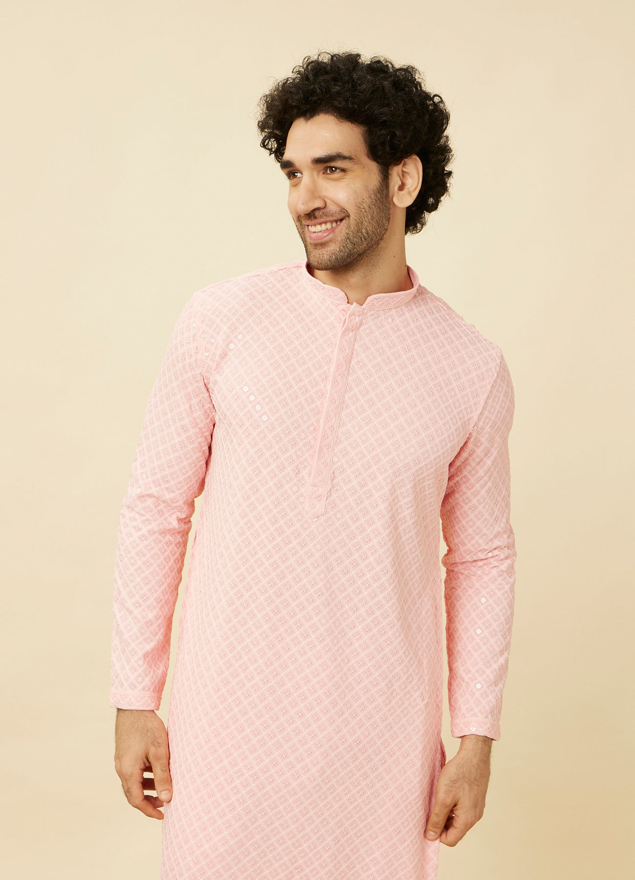 Manyavar Men Flamingo Pink Chikankari Embroidered Kurta Set