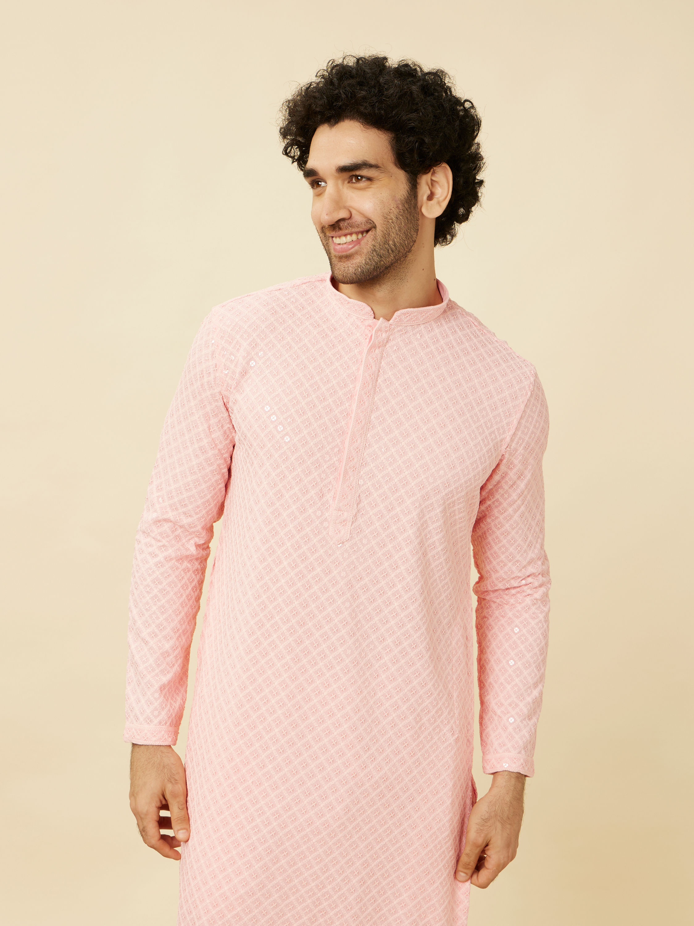Manyavar Men Flamingo Pink Chikankari Embroidered Kurta Set