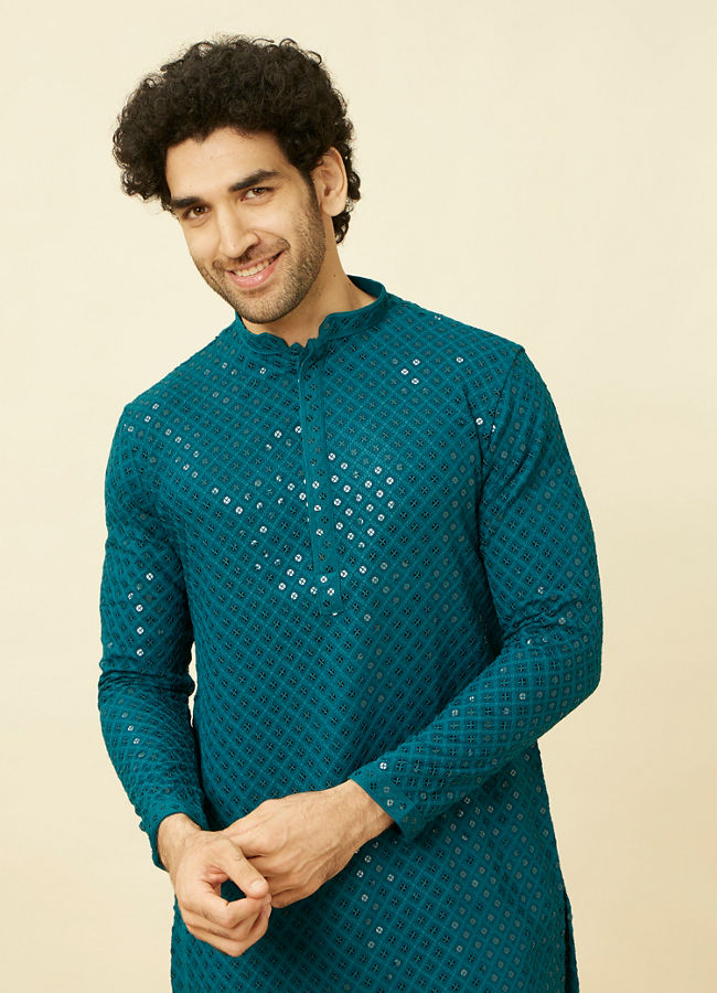 alt message - Manyavar Men Teal Blue Chikankari Patterned Kurta Set image number 0