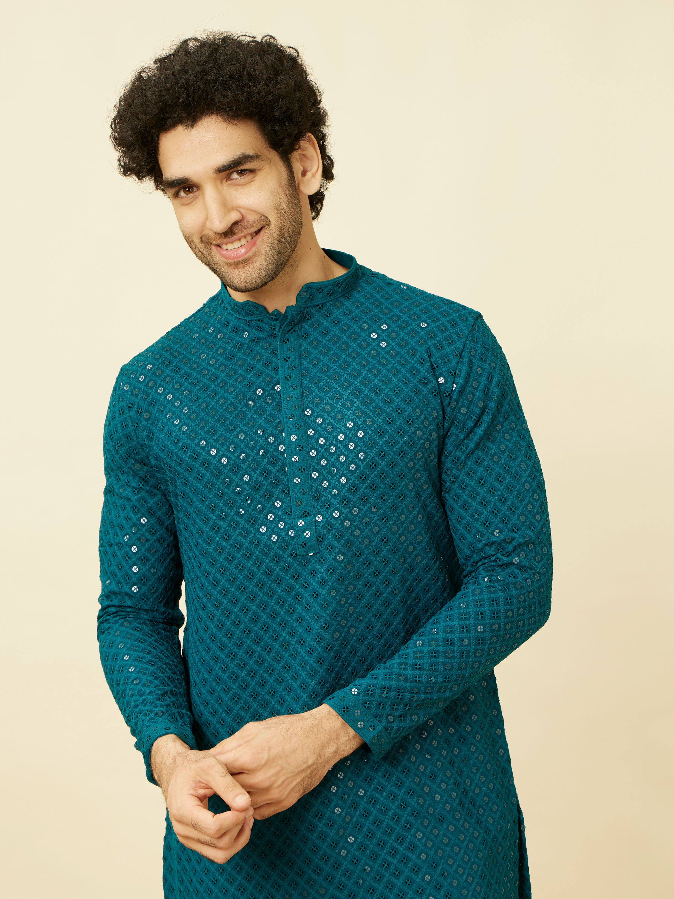 Manyavar Men Teal Blue Chikankari Patterned Kurta Set