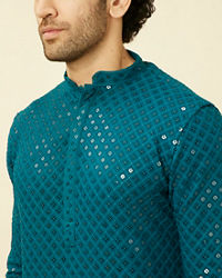 Manyavar Men Teal Blue Chikankari Patterned Kurta Set