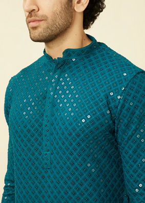 alt message - Manyavar Men Teal Blue Chikankari Patterned Kurta Set image number 1