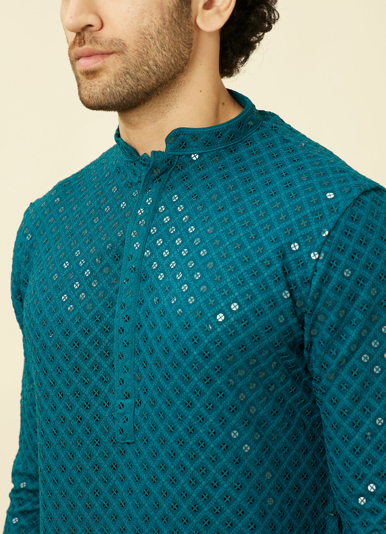 Manyavar Men Teal Blue Chikankari Patterned Kurta Set