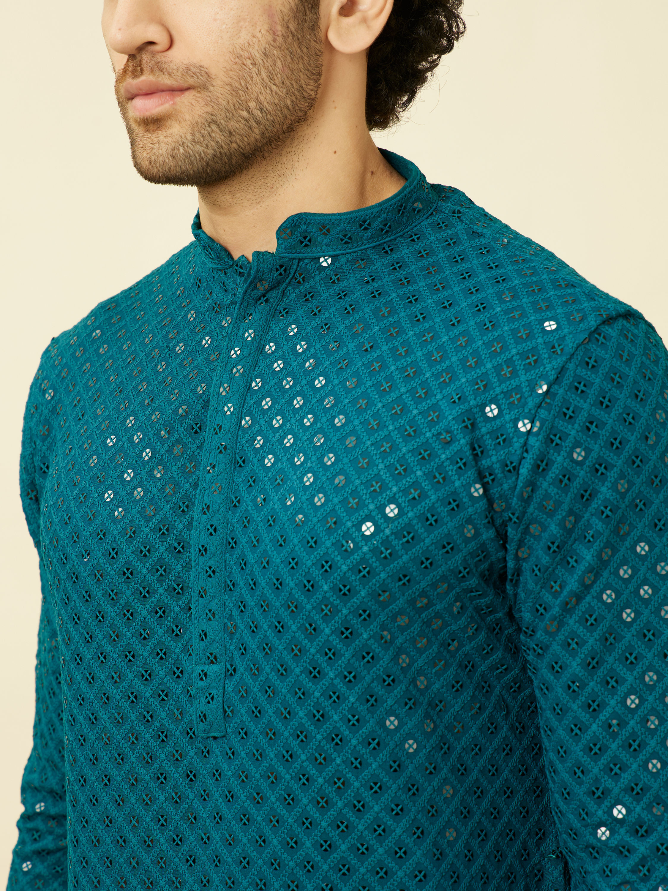 Manyavar Men Teal Blue Chikankari Patterned Kurta Set