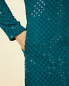 alt message - Manyavar Men Teal Blue Chikankari Patterned Kurta Set image number 3