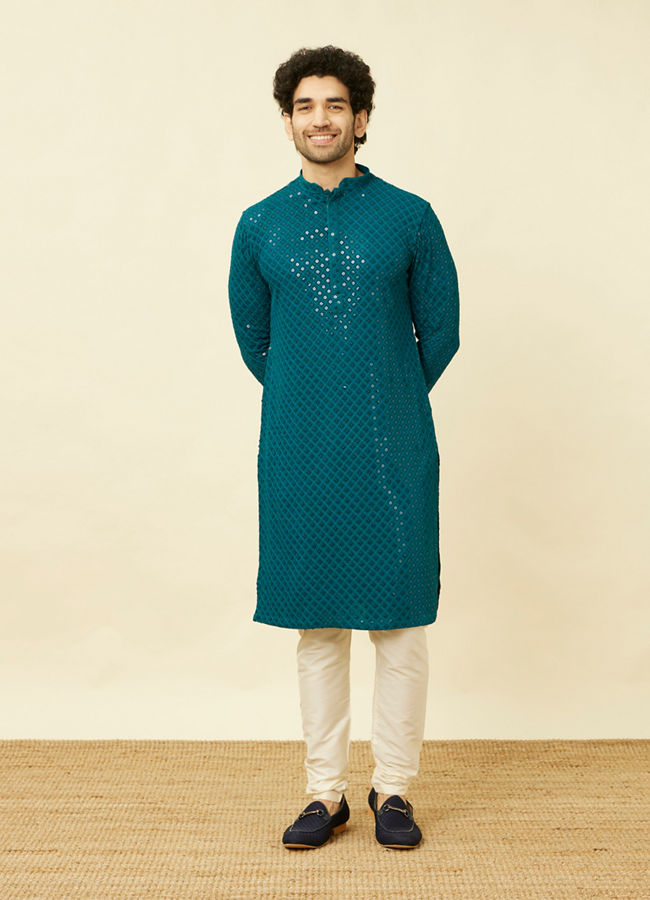 alt message - Manyavar Men Teal Blue Chikankari Patterned Kurta Set image number 2