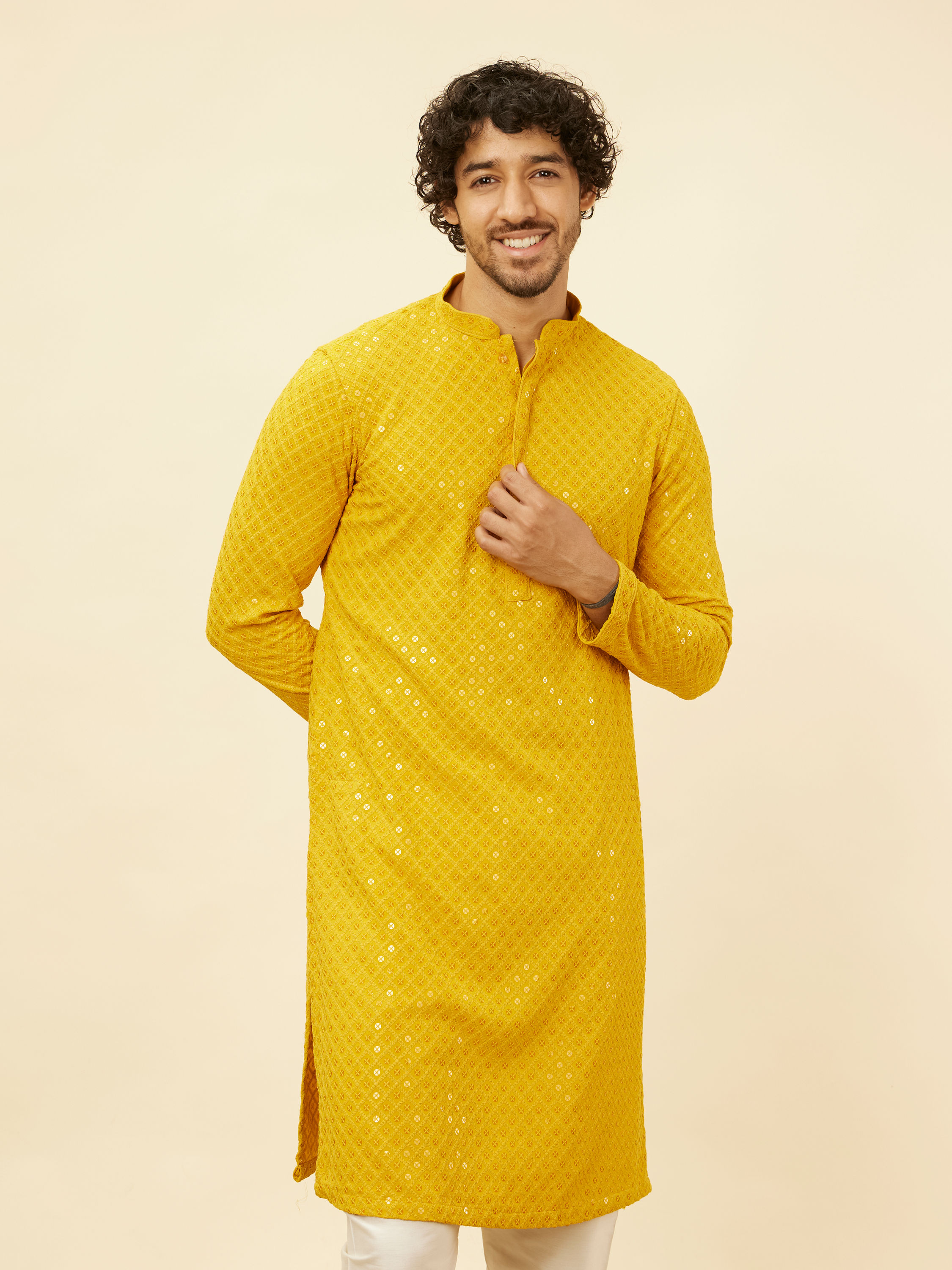 Manyavar Men Sunglow Yellow Chikankari Embroidered Sequinned Kurta Set