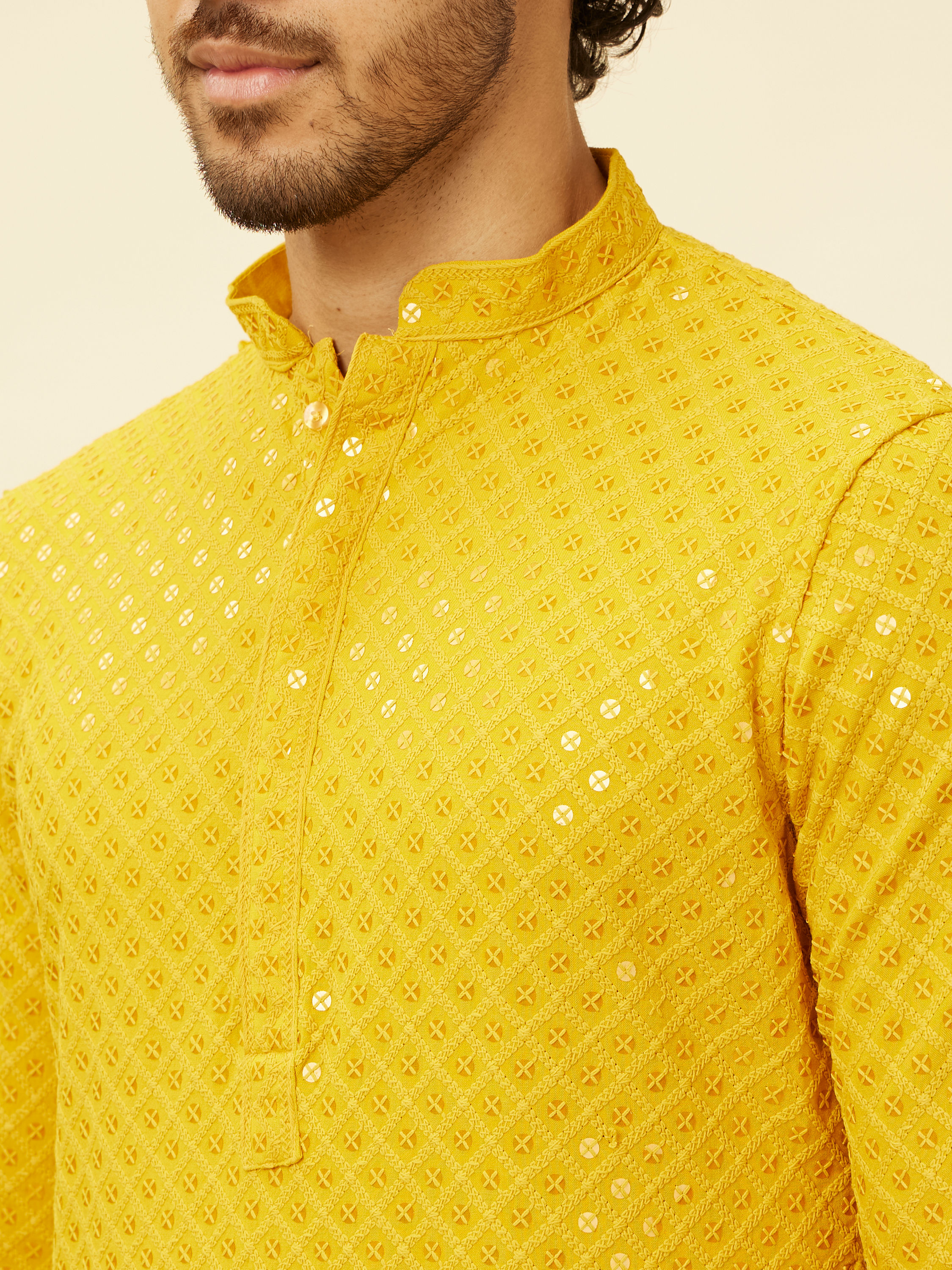 Manyavar Men Sunglow Yellow Chikankari Embroidered Sequinned Kurta Set