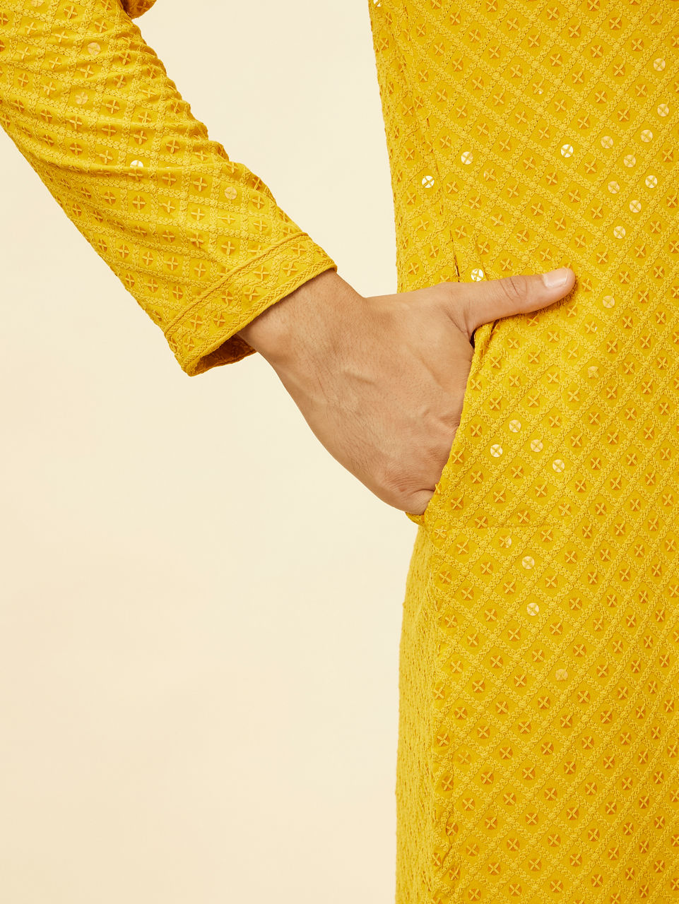 Manyavar Men Sunglow Yellow Chikankari Embroidered Sequinned Kurta Set