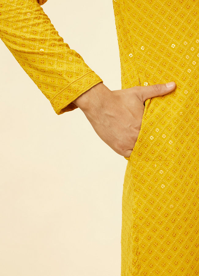 Manyavar Men Sunglow Yellow Chikankari Embroidered Sequinned Kurta Set
