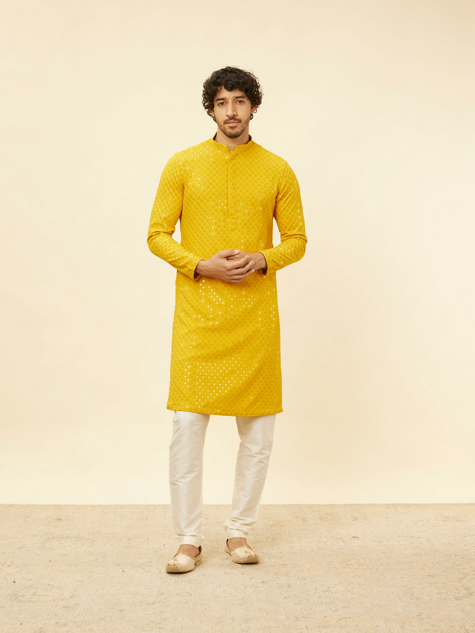 Manyavar Men Sunglow Yellow Chikankari Embroidered Sequinned Kurta Set